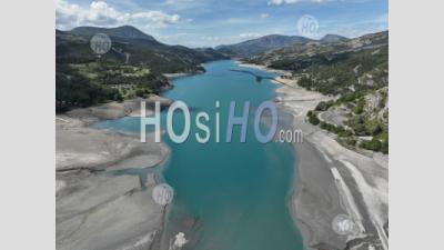 The River Ubaye Is Dry At The Entrance Of The Serre-Poncon Lake During The 2022 Drought, Hautes-Alpes, France - Aerial Photography
