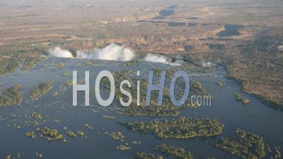 Aerial View Of Victoria Falls On The Zambezi River - Helicopter Footage