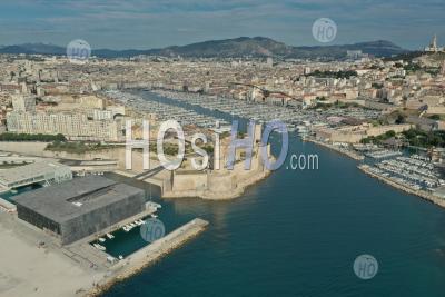 Marseille, General View With The Mucem, Museum Of European And Mediterranean Civilisations, By Architects Rudy Ricciotti And R. Carta, The Villa Méditérranée, The Fort Saint Jean And The Old Port, Bouches-Du-Rhone, France - Aerial Photography