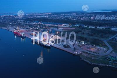 Seaport And Cargo Ships At Night, Caronte Channel, Martigues, Bouches-Du-Rhone, France - Aerial Photography