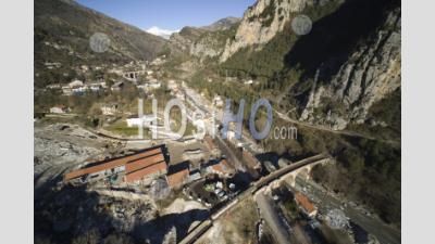 Roya Valley, Saint Dalmas-De-Tende, Old Station Works Along The Bieugne Torrent, Alpes-Maritimes, France - Aerial Photography