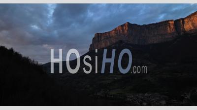 Vercors Regional Natural Park At Sunset, Choranche, Panorama On The Presles Cliffs, Drome, France - Video Drone Footage