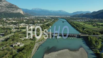 Run-Of-River Power Station In Saint-Egreve On Isere, France, Drone Point Of View