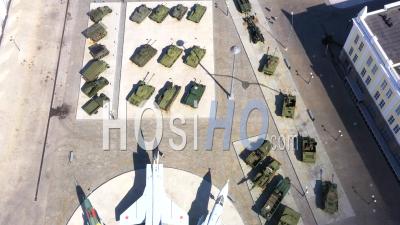 Flight Over Various Military Equipment - Airplanes, Fighters, Helicopters, Tanks, Armored Vehicles, Ships - Video Drone Footage
