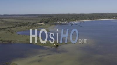 Drone View Of Carcans Maubuisson, The Lake, The Fishermen's Huts