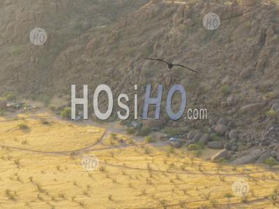 Campsite With 4wd Vehicules And Tent, Nearby Twyfelfontein, Namibia - Aerial Photography