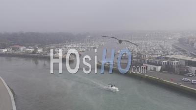 Drone View Of Capbreton In The Mist, The Port With Ocean Evaporation