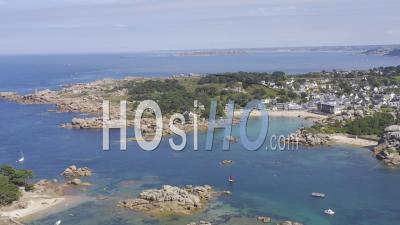 Drone View Of Ploumanac'h, In The Foreground Chateau De Costaeres, In The Background Les Sept Iles