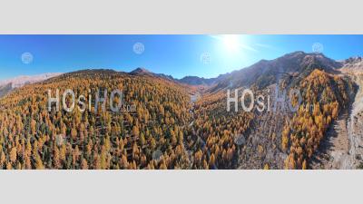 Mountain Landscape In Autumn Around Lake Orceyrette, Viewed From Drone