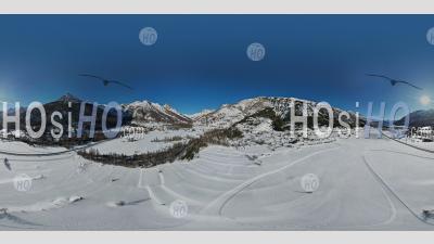 The Guisane Valley And The Casset Village In Winter, Aerial 360 Vr Photo By Drone