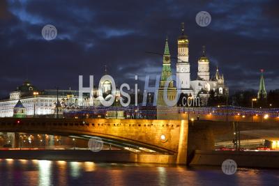 Moscow, Russia, Night View On Kremlin