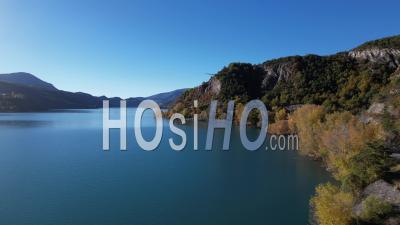 Lake Serre Poncon, On The Ubaye Side, In Autumn - Video Drone Footage