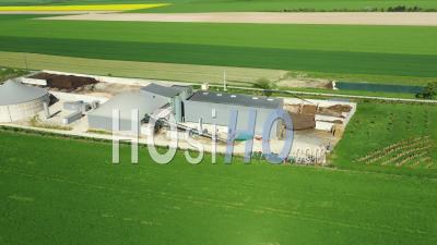 Biogas Plant In Agricultural Plains, France, Drone Point Of View