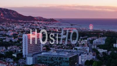 Prado And Pointe-Rouge Districts, At Sunset, Marseille, France - Video Drone Footage