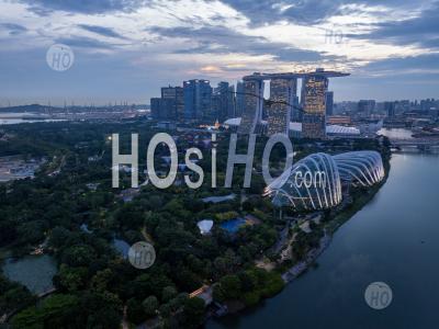  Flower Dome And Marina Bay Sands Buildings At Sunset, Singapore - Aerial Photography