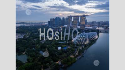  Flower Dome And Marina Bay Sands Buildings At Sunset, Singapore - Aerial Photography