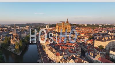 View Of The Historic Center Of Metz With Its Monuments And The Moselle At Sunset - Video Drone Footage