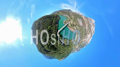 360° Aerial View (tiny Planet) Of Lake Serre Ponçon, Viewed From Drone