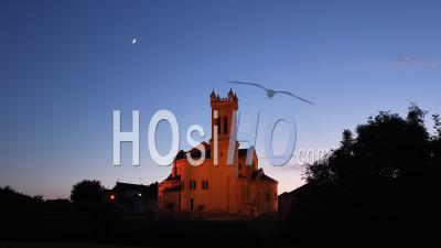 Small Village Church At Sunset, France, Drone Point Of View