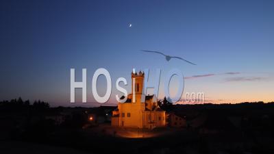 Small Village Church At Sunset, France, Drone Point Of View