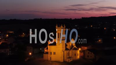 Small Village Church At Sunset, France, Drone Point Of View
