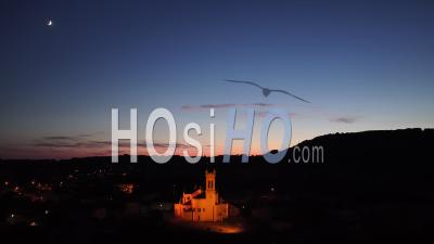 Small Village Church At Sunset, France, Drone Point Of View