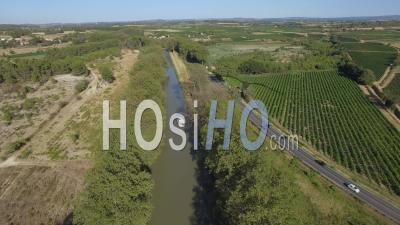 Barge Navigating The Canal Du Midi - Video Drone Footage